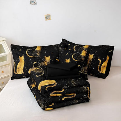 Black Gold Comforter Queen Gold Cat Bedding Set Black Kitty Animal Pattern Super Soft Cozy Girls Boys Pet Theme Cute Bed in A Bag with Comforter and Sheet Set