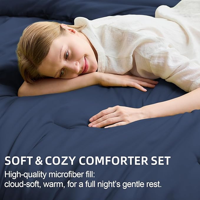 FUANNA Queen Comforter Set Navy Blue, 7 Pieces Soft Bedding Sets Queen Size, All Season Lightweight Bed in a Bag with Comforter, Flat Sheet, Fitted Sheet, Pillowcases & Shams