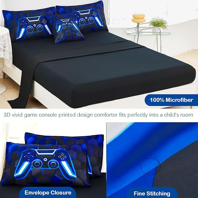 URBONUR Gaming Comforter Sets for Boys Twin Size 6 Pieces Video Game Gamer Teen Boy Bedding Set Soft Lightweight All Season Teen Kids Comforters (Black Blue, Twin)