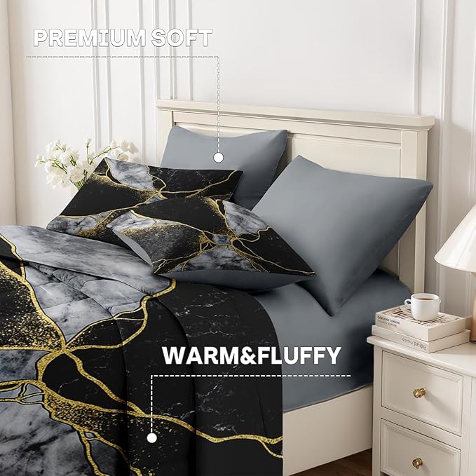 Nesker 7 Pcs Comforter Set Full Size, Marble Black Gold Bedding Set for Kids and Adults, Grey Abstract Modern Bed Sheet Sets with Fitted Sheet 2 Pillowcases & 2 Shams