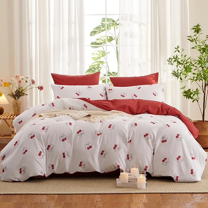White Queen Comforter Set - Red Cherry Comforter Set Queen Size, Heart Quilt Bedding Set 3 Pieces, Soft & Lightweight Comforter(90‘’ x 90‘’) for Girl All Season & 2 Pillowcases(30‘’x20‘’)