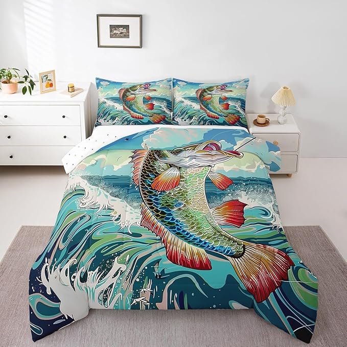 Erosebridal Bass Fishing King Comforter Set,Big Pike Fish Bedding Sets for Kids Boys Men,Vintage Ocean Waves Quilt Bed Set,Fishing Lake House Bedroom Decor,2 Pillowcases Lightweight