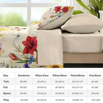 Nesker 7 Pcs Spring Comforter Set King Size, Floral Butterfly Bedding Set for Kids and Adults, Poppy Rose Bed Sheet Sets with Fitted Sheet 2 Pillowcases & 2 Shams