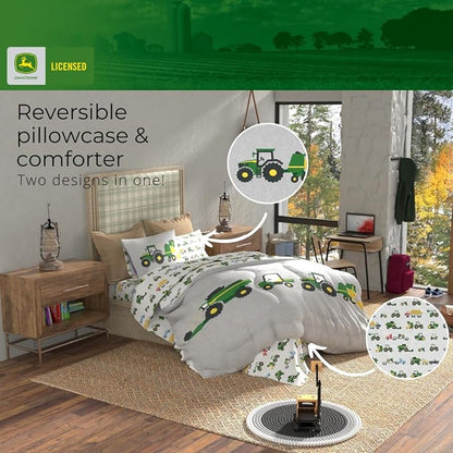 Franco Kids John Deere Farm Equipment Bedding 5 Piece Super Soft Comforter and Sheet Set, Queen, (Officially Licensed Product)