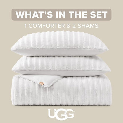 UGG Kenzie Comforter Set with 2 Pillow Shams Plush Faux Fur Bedding Soft Warm Down Alternative Comforter Washable Hypoallergenic Fluffy Blanket Set for Bedroom, King/California King Size, White Snow
