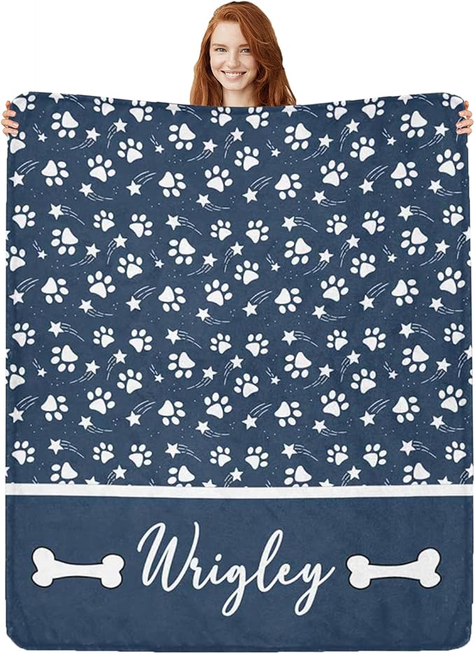 Artsadd Personalized Paw Print Dog Blanket with Pets Name, Custom Name Blanket for Small Dogs, Flannel Puppy Blanket, Memorial Gifts for Loss of Dog, Pet Loss Sympathy Remembrance Gifts