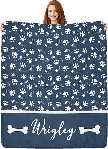 Artsadd Personalized Paw Print Dog Blanket with Pets Name, Custom Name Blanket for Small Dogs, Flannel Puppy Blanket, Memorial Gifts for Loss of Dog, Pet Loss Sympathy Remembrance Gifts