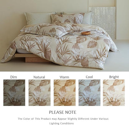 Cotton King Size Comforter Set, 3Pcs All Seasons Floral Duvet with Corner Tabs,Beige Soft Bedding Set, 1 Lightweight Comforter and 2 Pillow Shams