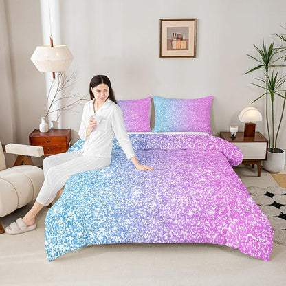 Colorful Glitter Bedding Queen Girly Turquoise Teal Blue Pink Pastel Girls Comforter Set 3 Pcs Trendy Quilt Duvet for Kid Women Down Comforter with Sparkle Sequin Pattern Bling Bedroom Decor Bed Cover