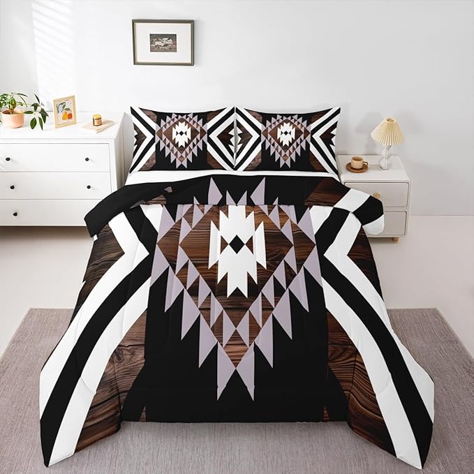 Feelyou Black Brown Rustic Western Bedding Set Toddler Size Southwestern Aztec Tribal Comforter Set for Boys Girls Vintage Geometric Duvet Quilt Soft