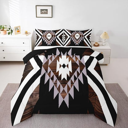 Feelyou Black Brown Rustic Western Bedding Set Queen Size Southwestern Aztec Tribal Comforter Set for Boys Girls Vintage Geometric Duvet Quilt Soft