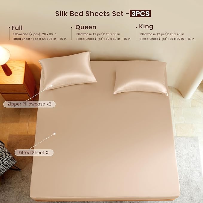 THXSILK Luxury Mulberry Silk Fitted Sheet Set 3 Pcs, King Silk Bed Sheet Set with 16" Deep Pockets, Soft & Cooling Sheets, 1 Fitted Sheet, 2 Pillowcases with Zipper Closure - Champagne