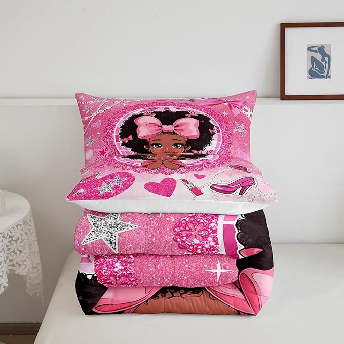 Manfei Black Princess Girly Comforter Set King Size,High-Heeled Shoes Lip Bowknot Diamond Bedding Set,Girls Women Room Decor,African American Girls Down Comforter,Pink Cute Duvet Insert,2 Pillowcases