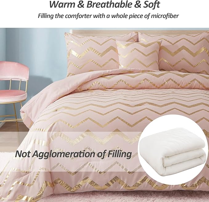 Menghomeus Pink Comforter Set Twin/Twin XL Size Metallic Blush and Rose Gold Bed Comforter 3 Piece Soft Microfiber Bedding for Teen Girls Women (1 Pillow Sham + 1 Decorative Pillow Sham)