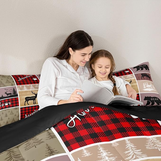 Rustic Farmhouse Bedding Set King,Vintage Cabin Lodge Comforter Set For Kids Girls Teens Bedroom Decor,Woodland Bear Deer Quilt Western Cowboy Grid Claw Bedding Comforter Sets Cabin Gifts For Women