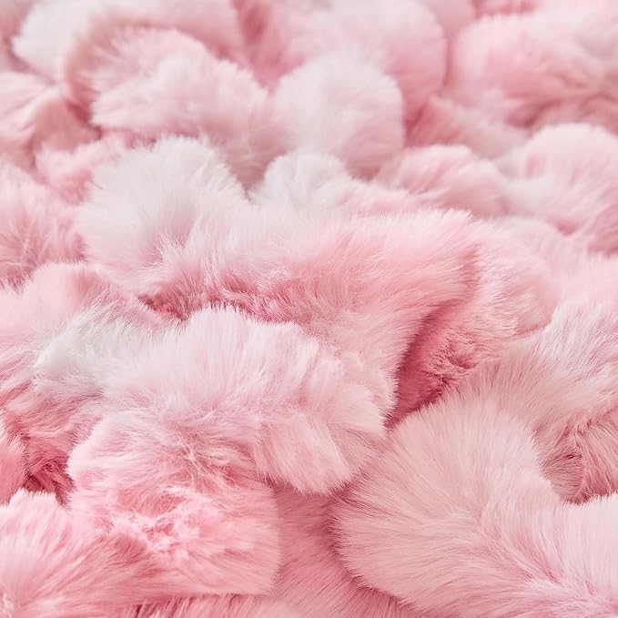 King Faux Rabbit Fur Comforter Set - 3 Pieces Fluffy Bedding Set Ultra Soft Warm Shaggy Plush Winter Flannel Bedding Set for Girls Women, Skin Friendly Sherpa Comforter Bed Set & 2 Pillow Shams Pink