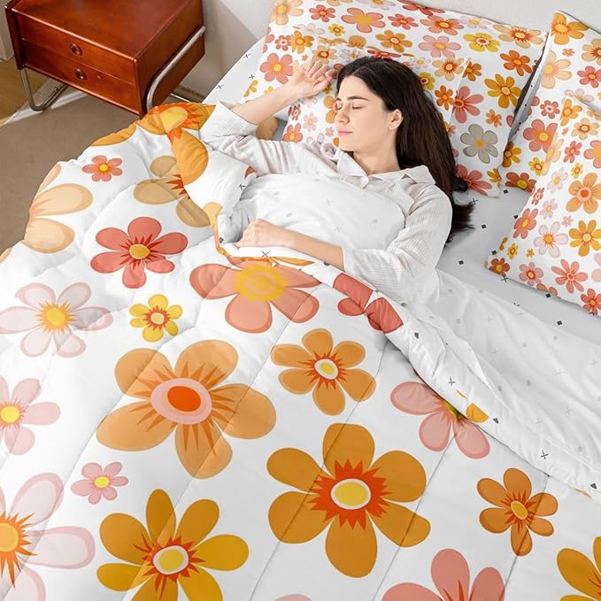 Erosebridal Groovy Flower 7 Piece Comforter Set King | Vintage Floral Bed in A Bag Geometric Hippie Garden Funky Sheet Set Breathable Lightweight Pastoral Style Fitted Sheet Reversible