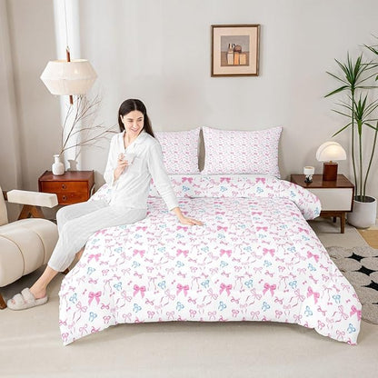 Erosebridal Bowknot Comforter Set for Girls, Dreamy Princess Style Full Size Down Comforter, Cute Bow Tie Cartoon Quilt for Kids Teens Women Room, Girly Kawaii Bedding Set, Pink Blue