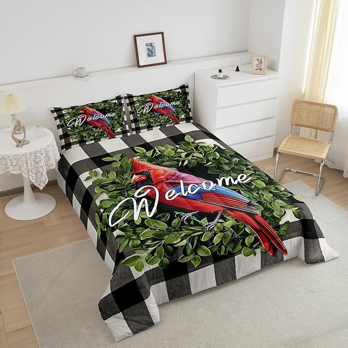 Erosebridal Red Cardinal Comforter Garden Botanical Plant Bedding Set King Rustic Farmhouse Black White Buffalo Plaid Comforter Set for Kids Adults Nature Country Quilt Duvet Soft Lightweight