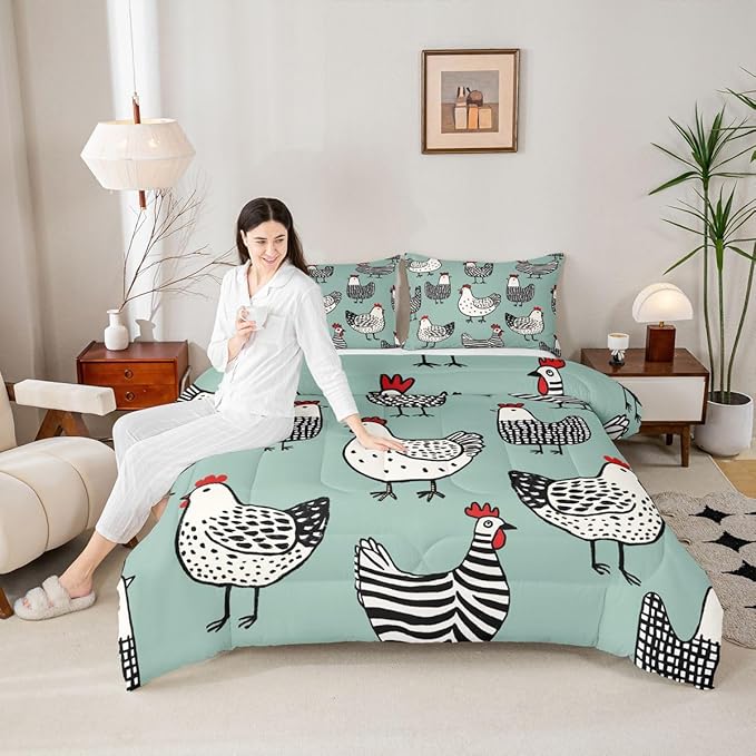 Erosebridal Chicken Comforter, Cartoon Chick Bedding Set, Cute Farmhouse Animal Down Comforter Twin Size, Teal Black Quilted Duvet Lightweight Bedroom Decor for Kids Boys Girls, 1 Pillow Case