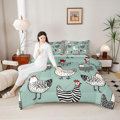 Erosebridal Chicken Comforter, Cartoon Chick Bedding Set, Cute Farmhouse Animal Down Comforter Twin Size, Teal Black Quilted Duvet Lightweight Bedroom Decor for Kids Boys Girls, 1 Pillow Case