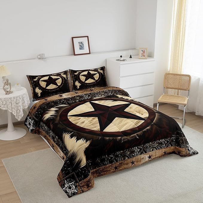 Erosebridal Cow Comforter Twin for Rustic Decor,Western Texas Star Bedding Set for Cowboy Cowgirl,Vintage Cowhide Duvet Insert,Farmhouse Highland Cow Down Comforter with 1 Pillowcase Bedroom Decor