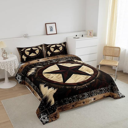 Erosebridal Cow Comforter Twin for Rustic Decor,Western Texas Star Bedding Set for Cowboy Cowgirl,Vintage Cowhide Duvet Insert,Farmhouse Highland Cow Down Comforter with 1 Pillowcase Bedroom Decor
