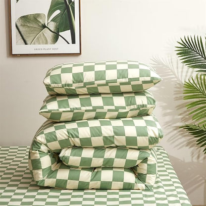 Houseri Sage Green and White Comforter Set King Plaid Light Green Beige Grid Bedding Checkerboard King Size Comforter Sets Women Men Grass Green Buffalo Plaid Comforters King Gingham Bedding Sets King