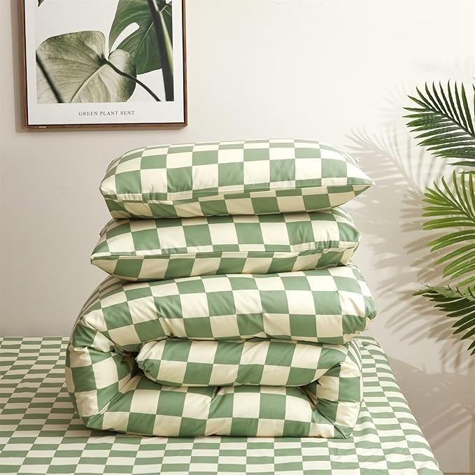 Houseri Green and White Plaid Comforter Set California King Sage Green Buffalo Checkered Bedding Comforter Sets Cal King Light Green Beige Grid Comforters California King Size Checkerboard Bedding Set