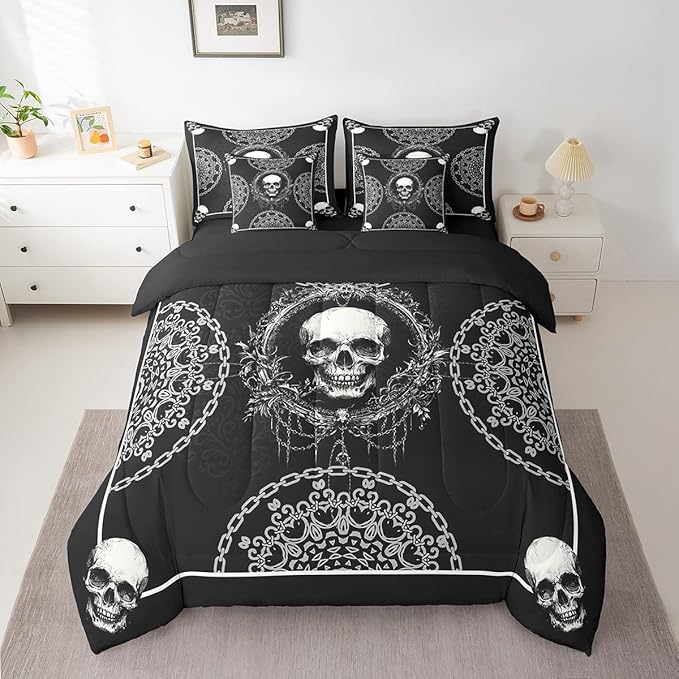Erosebridal Sugar Skull 7 Piece Bedding Set King Size,Gothic Exotic Bed in a Bag,Horror Theme Bed Set Includes Comforter, Sheet Set, Pillowcases & Pillow Covers All Season Bedroom Decor