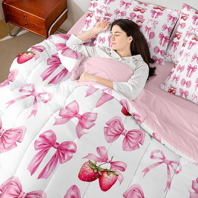 Feelyou Pink Cute Strawberry Bow Comforter Set Full Size 7 Pieces Strawberries Bedding Set for Kids Boys Girls Kawaii Bowknot Bed in a Bag with Comforter, Sheets, Pillowcases, Cushion Covers