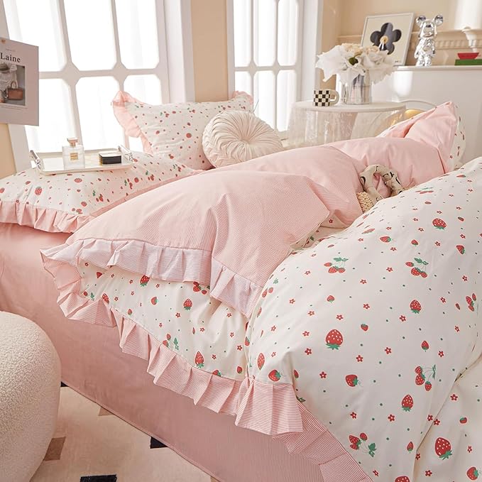 MKXI Strawberry Print Comforter Set - Pink and White Ruffled Bedding with Floral Accents, Soft Microfiber, 3-Piece Full Size, Lightweight and Cozy for Kids, Teens, and Adults
