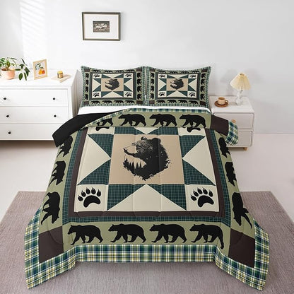 Erosebridal Black Bear Comforter Set Green Grid Bedding Set King Patchwork Geometric Triangle Lattice Quilt Woodland Farm Animals Bear Paw Print Duvet Insert,Moon Lake Farmhouse Decor