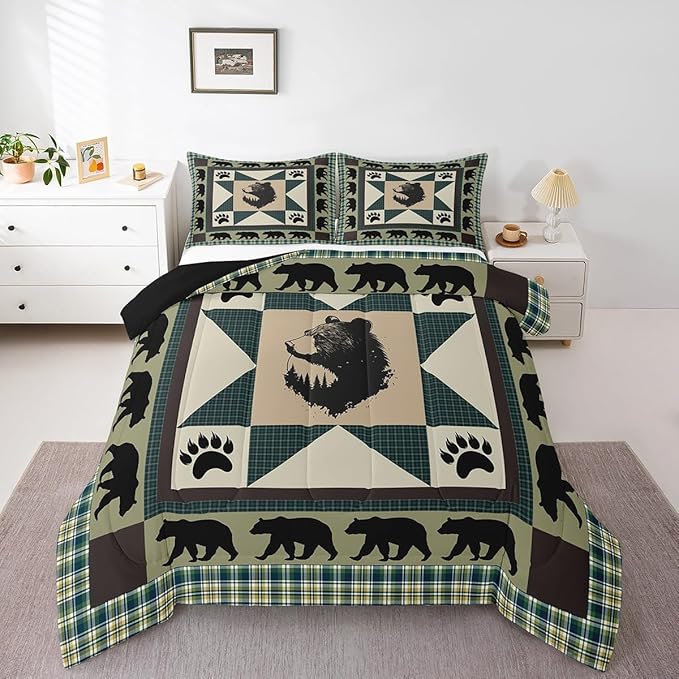 Erosebridal Black Bear Queen Comforter Set Western Bedding Set Patchwork Geometric Triangle Lattice Quilt Woodland Wildlife Bear Paw Print Duvet Insert,Green Checkered Buffalo Plaid Decor