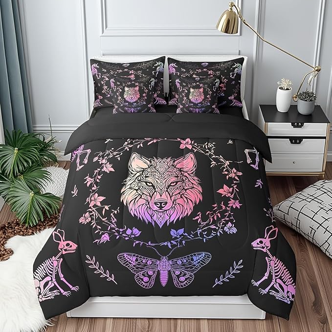 Castle Fairy Wolf Bed Sets in a Bag 7 Pieces,Gothic Wild Animals Skeleton Comforter Set Twin,Exotic Bohemian Flowers Leaves Bedding Set with 1 Comforter,2 Sheets,2 Pillowcases & 2 Throw Pillow Covers