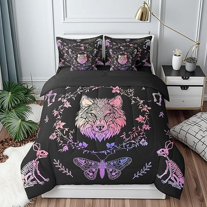 Castle Fairy Wolf Bed Sets in a Bag 7 Pieces,Gothic Wild Animals Skeleton Comforter Set Twin,Exotic Bohemian Flowers Leaves Bedding Set with 1 Comforter,2 Sheets,2 Pillowcases & 2 Throw Pillow Covers