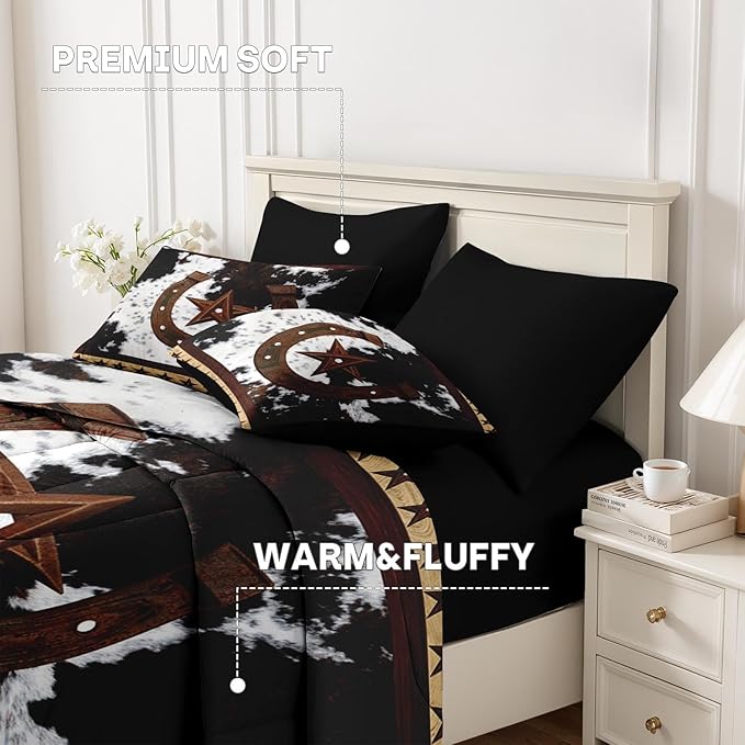 Nesker 7 Pcs Comforter Set Full Size, Western Cowboy Texas Star Horseshoes Bedding Set for Kids and Adults, Cowhide Rustic Farmhouse Bed Sheet Sets with Fitted Sheet 2 Pillowcases & 2 Shams