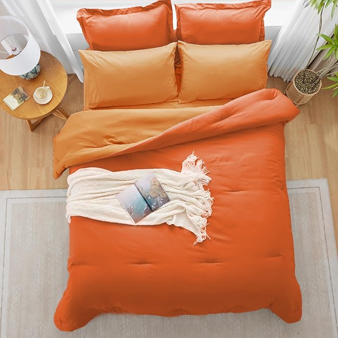 Queen Comforter Set Burnt Orange Reversible Bedding Set, 7 Pieces Soft Bed in a Bag Queen with Comforter, Sheets, Pillowcases & Shams, All Season Boho Queen Bed Set, Contrasting Design