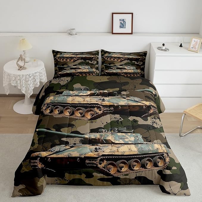 Erosebridal Boys Car Comforter Set Camouflage Tank Cannon Duvet Insert for Kids Children Military Vehicle Bedding Set Retro Camo Vintage Style Quilted Duvet 2Pcs with 1 Pillow Case Twin Size