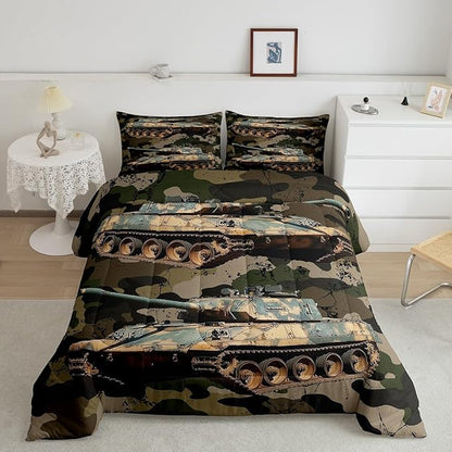 Erosebridal Boys Car Comforter Set Camouflage Tank Cannon Duvet Insert for Kids Children Military Vehicle Bedding Set Retro Camo Vintage Style Quilted Duvet 2Pcs with 1 Pillow Case Twin Size