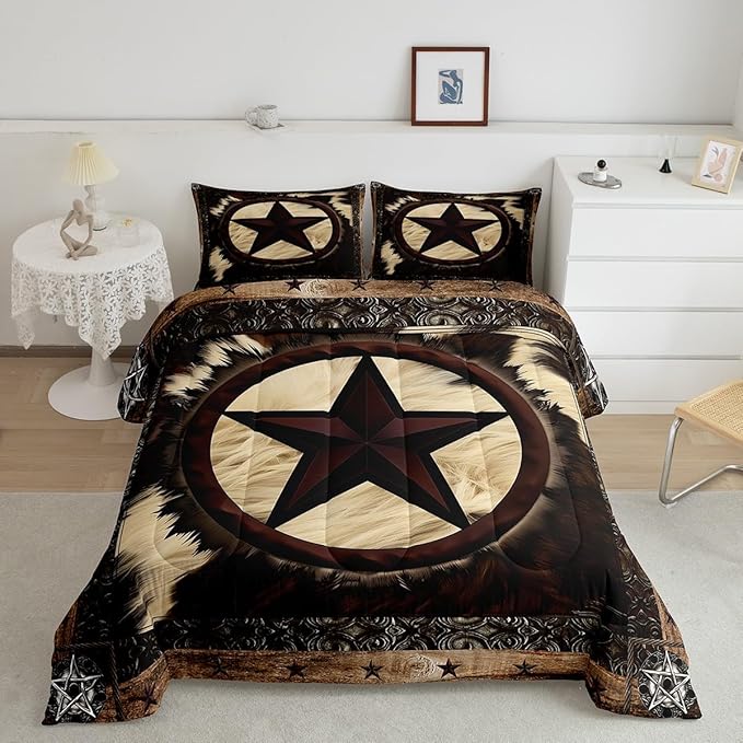 Cow Print Bedding Set Full Size,Retro Cowhide Comforter Set for Kids Teens Adult,Geometric Western Texas Stars Duvet Insert Lightweight,Rustic Farmhouse Animal Fur Down Comforter with 2 Pillowcases