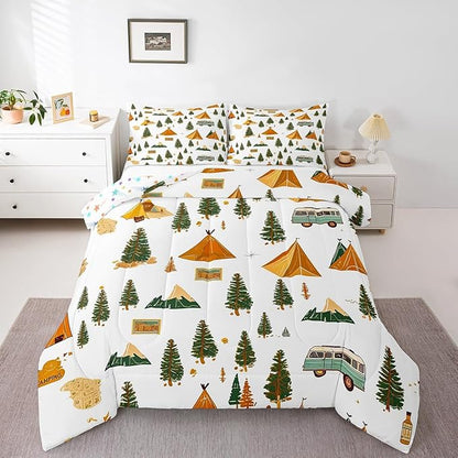 Feelyou Camping Comforter Set King Size Vintage Comforter Camper Accessories for Travel Trailers Bedding Set Camper Duvet Set Room Decor Ivory Quilt Set