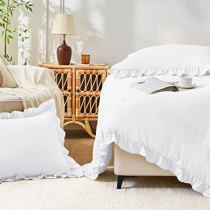 FUANNA King Size Comforter Set White, 3 Pieces Ruffle King Bedding Set, Fluffy Farmhouse Bed in a Bag King with 1 Lightweight Comforter & 2 Pillowshams