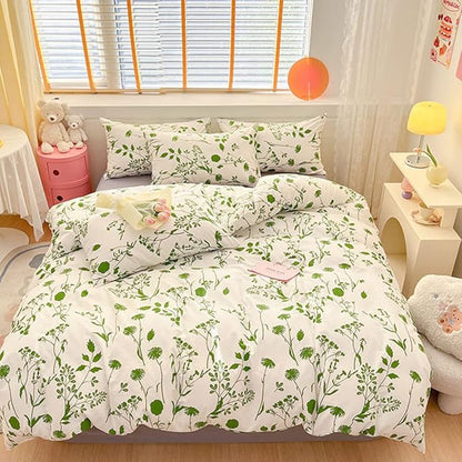 CLOTHKNOW White Green Comforter Set Queen Green Floral Bedding Comforter Sets Green Flowers Bedding Queen Sets Green Boho Bed Comforter White Comforters 3Pcs Green White Comforter Sets Queen