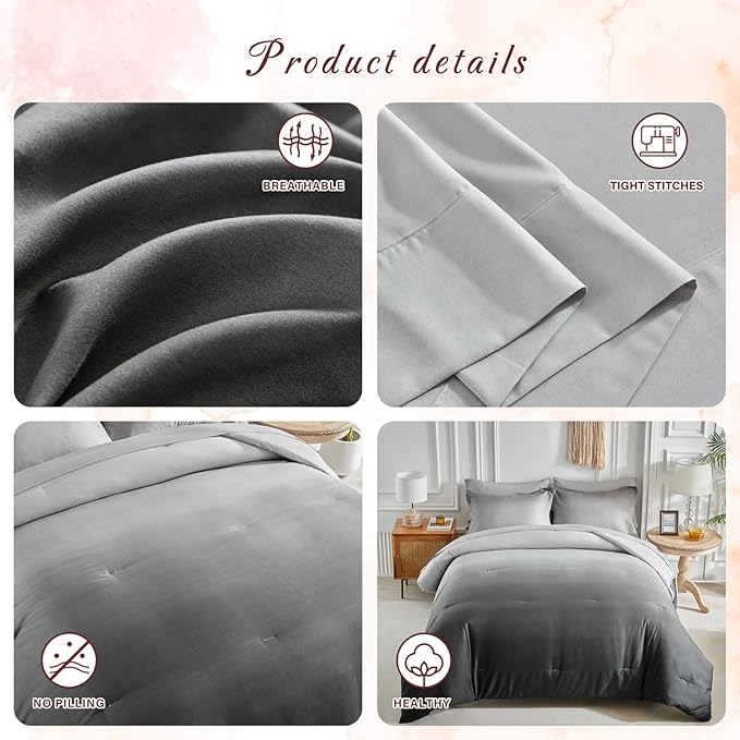 Black and Grey Gradient Comforter Set Queen Size 7 Pieces Elegant Ombre Bed in a Bag - Reversible All Season Bedding Set with Comforter, Flat Sheet, Fitted Sheet, 2 Pillowcases & 2 Pillow Shams