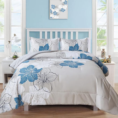 Menghomeus California King Comforter Set Blue Floral Comforter Botanical Bedding Sets Cal King Soft Microfiber Bed Comforter Set for All Season, 3 Pieces (1 Comforter, 2 Pillowcases)