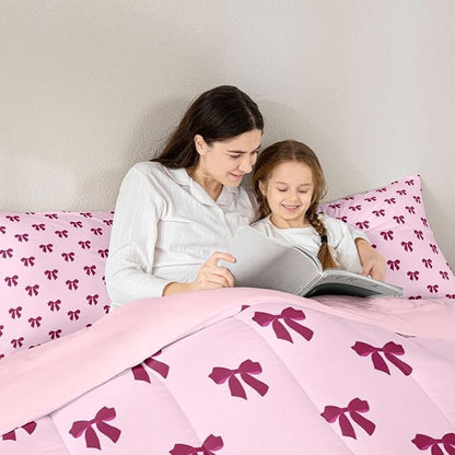 Erosebridal Pink Bow Bedding Set Queen Size Coquette Bows Comforter Set for Kids Teen Girls Women Bedroom Cute Preppy Bowknot Quilt Duvet Modern Trendy Girly Aesthetic Comforter