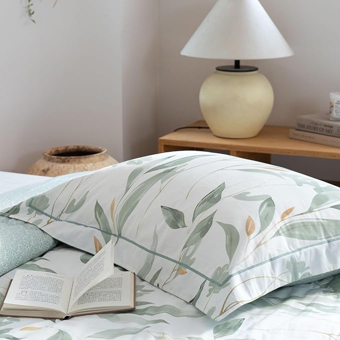 Cotton Comforter King Size Set – White Green Botanical Leaves Bedding, Soft & Breathable Comforter, All-Season Down-Alternative Filling, 1 Comforter & 2 Pillow Shams