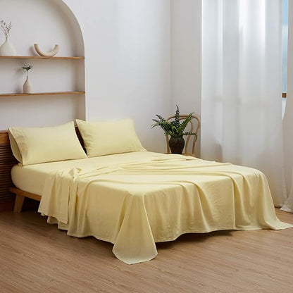 Simple&Opulence Belgian Linen Sheet Set Solid Color - 4 Pieces (1 Flat Sheet, 1 Fitted Sheet & 2 Pillowcases) Natural Flax Cotton Blend Soft Breathable Farmhouse Bedding - King Size, Pale Yellow
