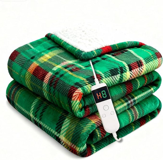 Electric Blanket Heated Throw, Soft Flannel 50"x60" Plaid Heating Blanket with 8 Hours Auto Off 10 Fast Heating Levels Machine Washable Sherpa Heated Blanket with Overheating Protection
